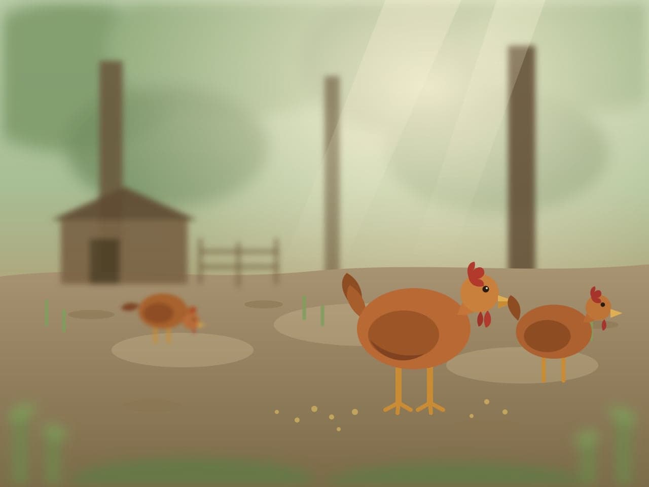 Laying hens roaming the garden floor beneath the trees