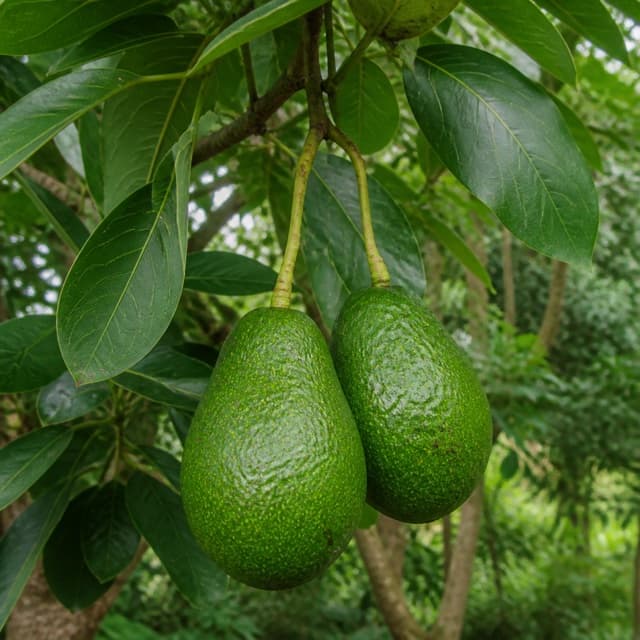 Avocado fruit hanging from a branch