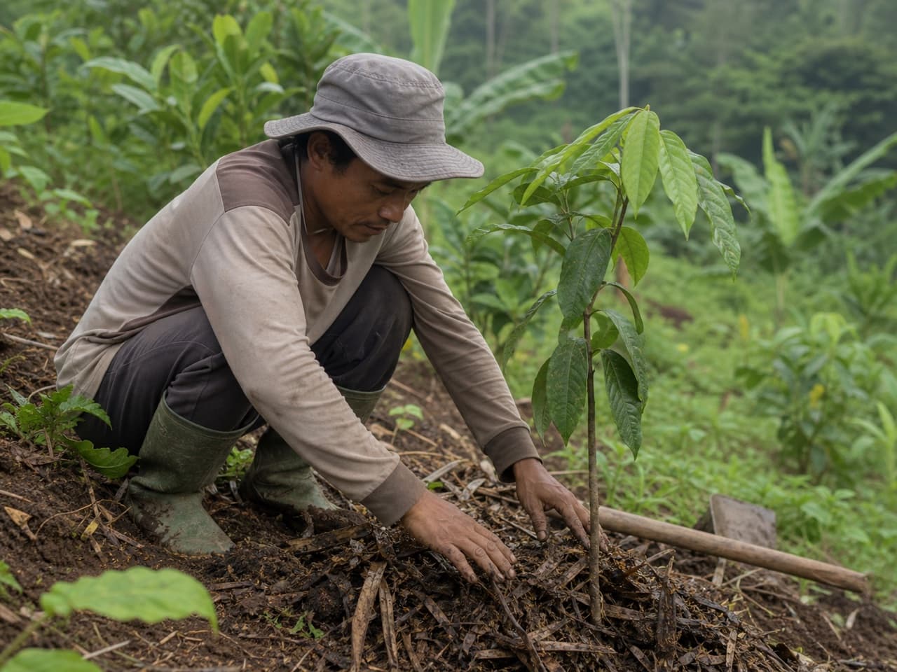 Seedling care work in the garden
