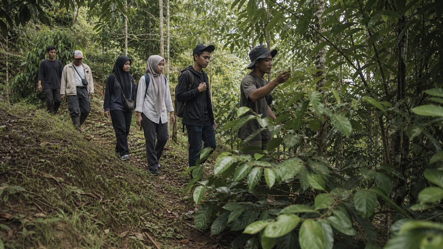 A learning group walking through the garden